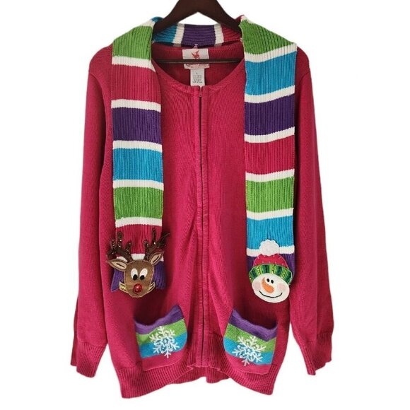 The Quacker Factory Sweaters - Quacker Factory Pink Full Zip Sweater Cardigan Rudolph Snowman Scarf Holiday L